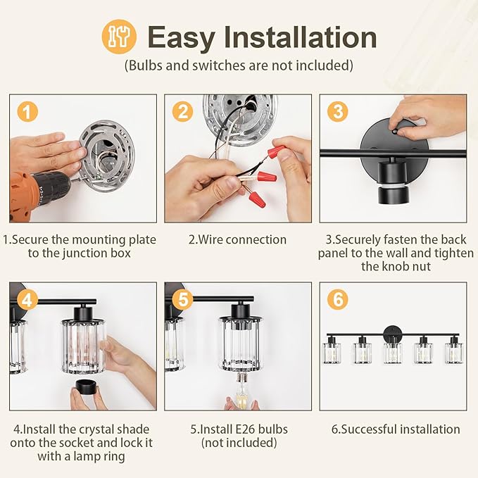 Crystal Bathroom Light Fixtures,Bathroom Lighting Fixtures Over Mirror, Modern 5-Light Gold Vanity Lights for Mirror, Restroom,Kitchen(Ceramic E26 Socket,Bulbs Not Include)