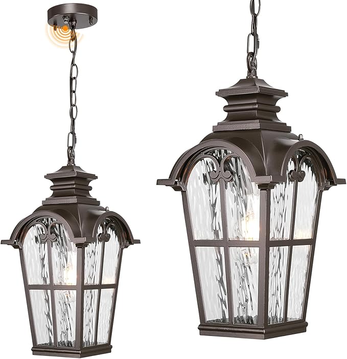 18.5 Inch Large Outdoor Pendant Lights Waterproof Aluminum Hanging Lantern Light with Water Ripple Glass Oil Rubbed Bronze Outdoor Chandelier for Porch Yard Gazebo