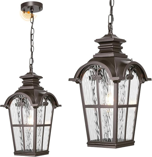 18.5 Inch Large Outdoor Pendant Lights Waterproof Aluminum Hanging Lantern Light with Water Ripple Glass Oil Rubbed Bronze Outdoor Chandelier for Porch Yard Gazebo