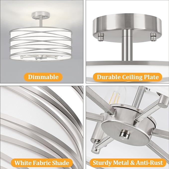 TOULMJ 6-Light Semi Flush Mount Ceiling Light, 16.53‘’ Brushed Nickel Drum Chandelier with White Fabric Shade, Modern Farmhouse Dimmable Light Fixtures for Kitchen Laundry Hallway Dining Room Foyer