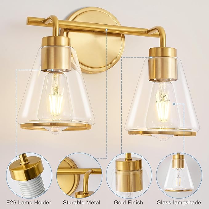 Bathroom Light Fixtures Over Mirror Gold Vanity Lights 2-Lights Bathroom Vanity Light with Clear Glass Shade 14 inch Vanity Lighting Fixtures Modern Wall Sconces Lights for Barth