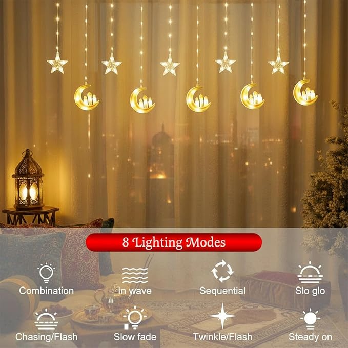 Ramadan Curtain Lights,135 LED Star & Castle String Lights,USB Powered Dimmable Twinkle Curtain Fairy Lights,8 Lighting Modes Warm White Window Light,Ramadan Decorations for Home Indoor Decor
