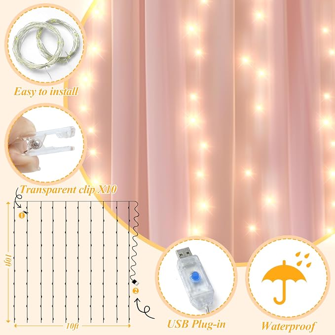 Ledido 3 Pack 10×8ft Pink Tulle Backdrop Curtains with Lights String - 900LED Fairy Lights Sheer Curtain Backdrop for Wedding Baby Shower Photo Shoot Birthday Party Decoration(6 Panels 5×8ft)，Pink