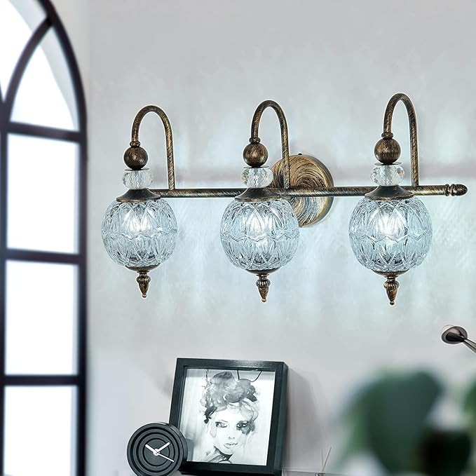 Piepooye Vintage Bathroom Light Fixtures Bronze Vanity Light with Glass Globe LampShade 3 Lights Mid Century G9 Bulb Wall Sconce Indoor Vanity Light Over Mirror for Bedroom Farmhouse Hallway
