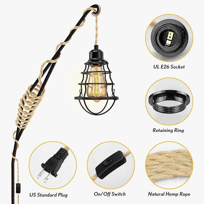 LYOOWNG 2Pack Plug in Pendant Light Cord, Farmhouse Hanging Lights with Plug in Cord, 15FT Hemp Rope Plugin Hanging Light Cord Kit with On/Off Switch, E26 E27 LightSocketCord