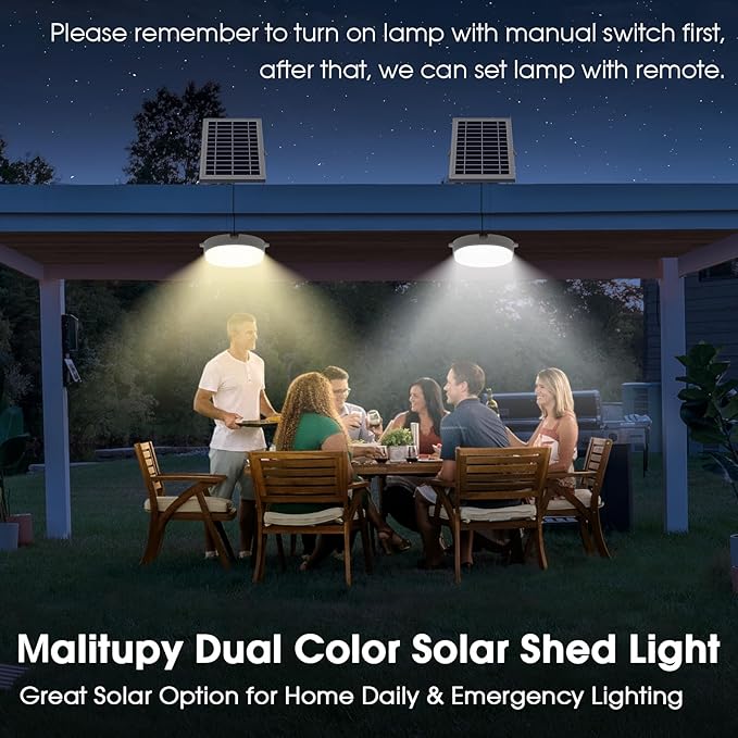 Solar Ceiling Lights-Indoor Outdoor, Daytime & Dimmable 1000LM Solar Shed Light with ON/Off Switch & Remote, Cool/Warm White Barn Light for Yard, Patio, Shop, Porch, Chicken Coop