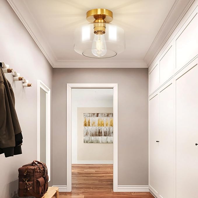 Industrial Semi Flush Mount Ceiling Light: Gold Kitchen Lighting Fixtures Ceiling with Clear Glass - Vintage Hallway Light Fixtures E26 Bulb Included - 8.46” Light Fixtures Mount for Foyer