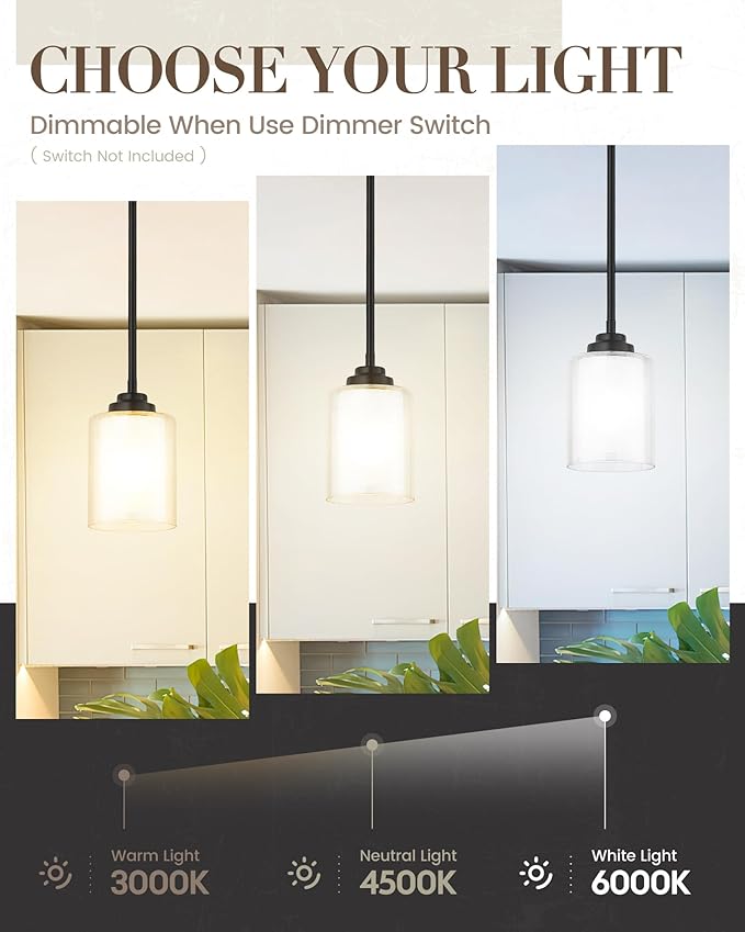 TENGXIN Modern Pendant Light, Matte Black Pendant Lights Kitchen Island,Farmhouse Pendant Lighting for Dining Room Bedroom Bar Office 2Pack,TXPLBK02-2PK