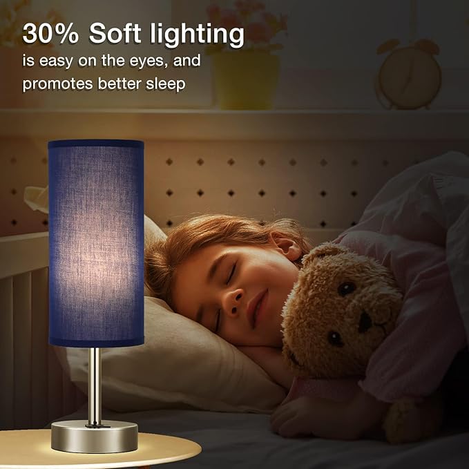 Dicoool Navy Blue Touch Lamp for Boys - Small Nightstand Lamp with USB-C and USB Charging Ports, 3 Way Dimmable Bedside Table Lamp with Fabric Shade Silver Base for Nursery, Dorm, Office, Reading