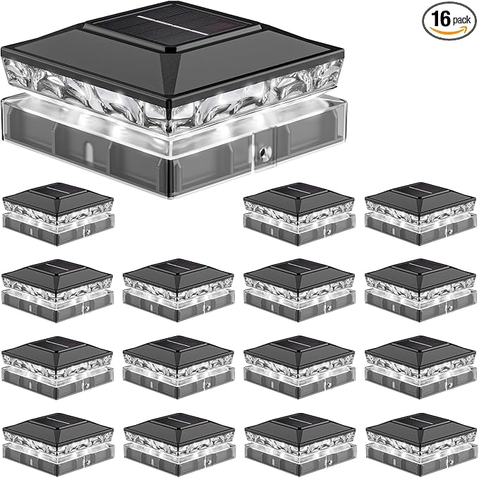 Solar Post Cap Lights, 6500K Cool White IP65 Waterproof Solar Powered Fence Light for 4x4 Wood Post & 5x5 Vinyl Fence, Deck Patio Garden Yard Outdoor Landscape Lighting, ABS Material (Black, 16pack)