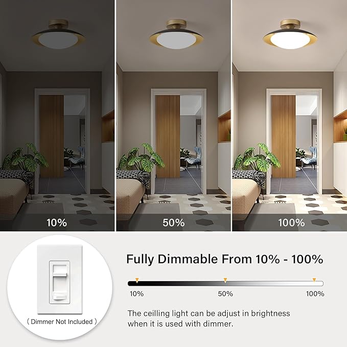 Dimmable Modern Mid-Century Ceiling Light, Black and Gold LED Semi Flush Mount Ceiling Light, 5CCT 2700K-6000K Lighting Fixture Ceiling Lamp with Glass Shade for Bedroom Hallway Kitchen, 12.6in