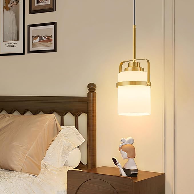Modern Brass Pendant Lights Kitchen Island Light, Adjustable Hanging Light Fixture with Milk Glass Shade, Farmhouse Pendant Light for Dining Room Bar Over Sink/Table/Counter, 1 Pack