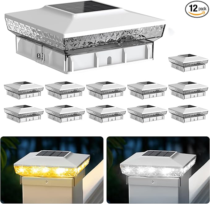 KEILAIMO Solar Post Cap Lights, 12-Pack Upgraded Outdoor Deck Fence Post Solar Lights for 4x4 5x5 Wood/Vinyl Posts, IP65 Waterproof, 10-12 Hours Warm/Cool White Glow for Garden/Patio/Porch - White