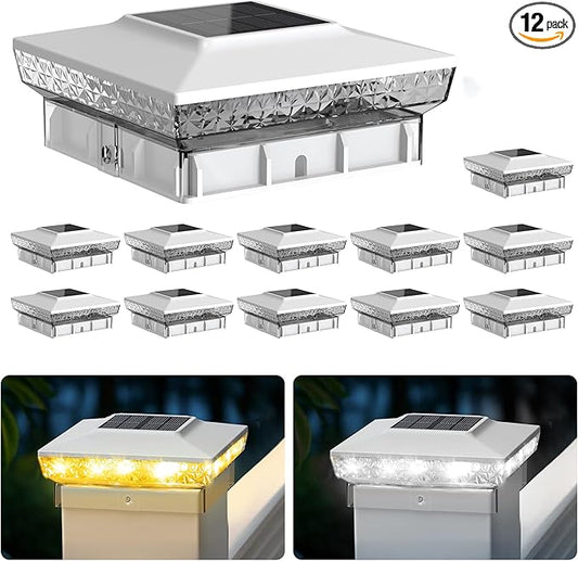 KEILAIMO Solar Post Cap Lights, 12-Pack Upgraded Outdoor Deck Fence Post Solar Lights for 4x4 5x5 Wood/Vinyl Posts, IP65 Waterproof, 10-12 Hours Warm/Cool White Glow for Garden/Patio/Porch - White
