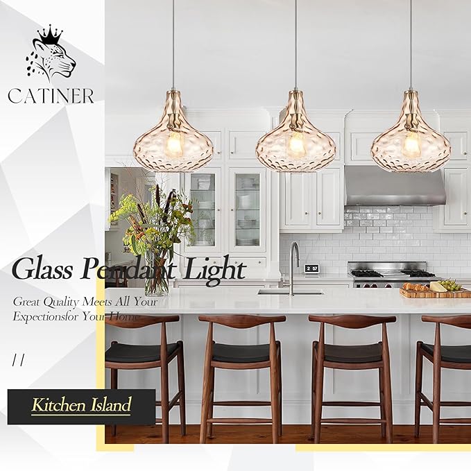 CATINER 11" Amber Hammered Glass Pendant Light, Blown Glass Hanging Light Fixture with Brushed Nickel Finish, Vintage Modern Ceiling Light for Kitchen Island, Dining Room, Hallway, Living Room