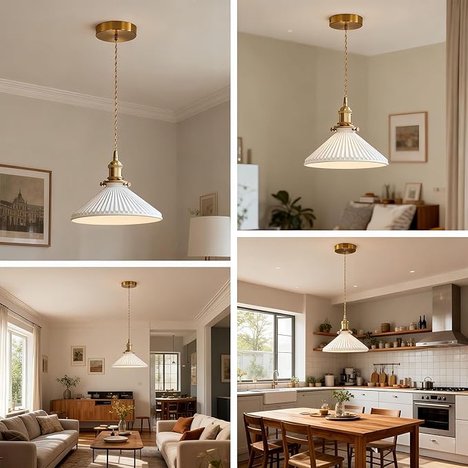 Modern Minimalist Ceramic Pendant Light – Pleated Hanging Lamp for Kitchen Island, Dining Room, Bedroom & Bar
