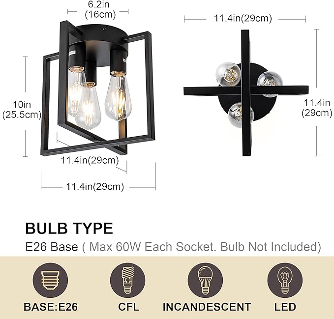 3-Lights Black Ceiling Light, Farmhouse Industrial Matte Kitchen Lighting Fixtures Ceiling for Hallway, Bedroom, Bathroom, Entryway(No E26 Bulbs)