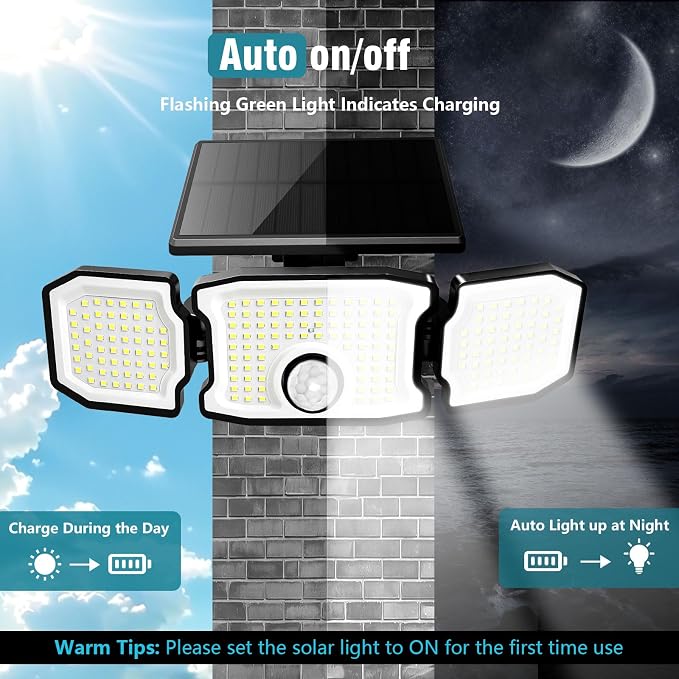Solar Lights Outdoor Waterproof- 2800LM 200LED Solar Motion Sensor Lights, 3 Heads & 3 Modes Flood Lights, 270° Wide Angle Solar Powered Security Lights for Yard(1 Pack)