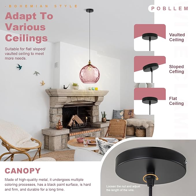 Large Glass Pendant Light 13.8", Pink Modern Pendant Lights Kitchen Island Lights Ceiling Hanging, Hammered Globe Pendant Lamps for Living Room Dining Room Bedroom Bathroom Hallway