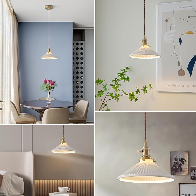 White and Gold Pendant Light Modern Nordic Hanging Ceiling Light Fixture Vintage Adjustable Single Brushed Brass Opal Glass Pendant Lights Kitchen Island Lamp Ceramic Chandelier MPL16D