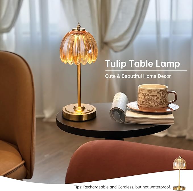 Shenmoyl Set of 2 Tulip Table Lamp with 5000mAh Battery & Touch Control, Cordless Table Lamp with 3 Colors, Dimmable Rechargeable Table Lamps for Bedroom, Living Room, Entryways (Amber Tulip)