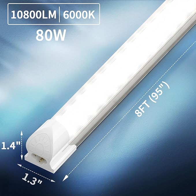 SHOPLED 8FT LED Shop Light - 80W 10800LM 6000K Cool White Ceiling Light Fixtures, T8 LED Tube Lights, 8 Foot Shop Lights for Garage Workshop Warehouse, ETL Listed, 4 Pack