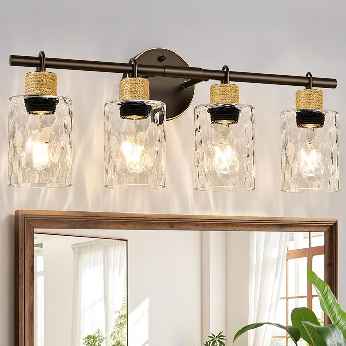 MOKATNG Bathroom Light Fixtures, 4-Light Coastal Vanity Lights with Crystal Glass Shade, Oil-Rubbed Bronze Bathroom Wall Lamp for Mirror Kitchen Hallway Cabinet