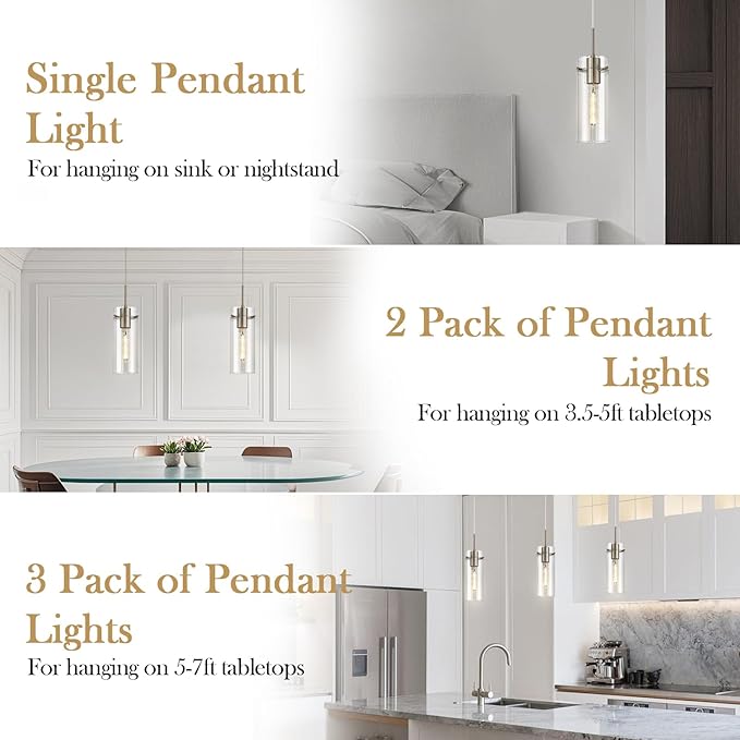 Glass Brushed Nickel Pendant Light, Modern Kitchen Island Pendant Lighting with Ribbed Glass, Adjustable Cord Single Pendant Light for Over Island, Dining Room, Bathroom Bedroom