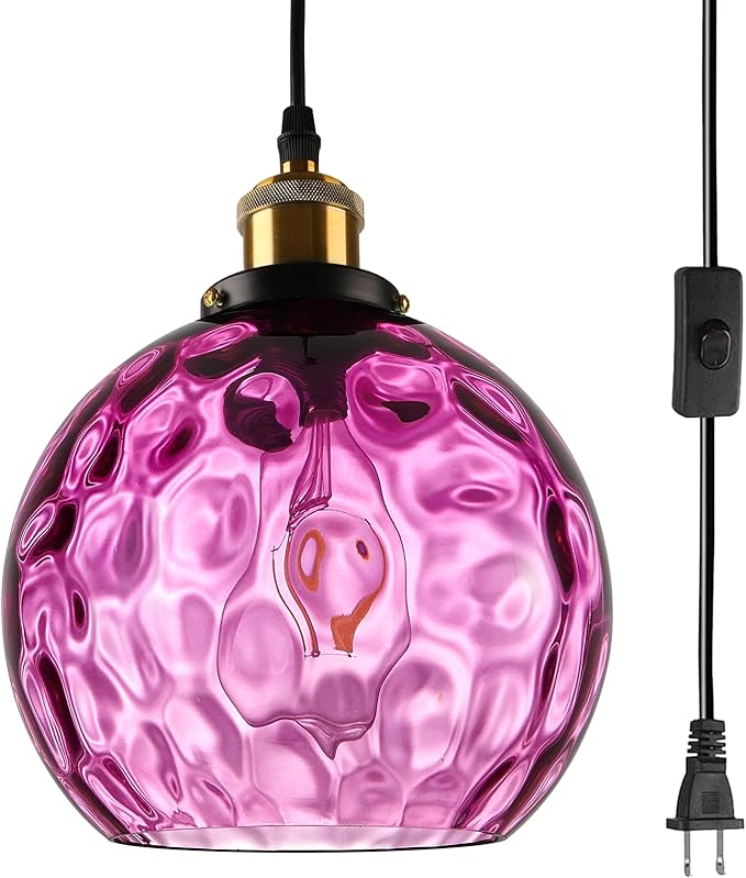 Corner Plug in Pendant Light Vintage Purple Glass Ceiling Hanging Light Dome Shade Island Light Fixtures for Bedroom Living Room Dining Room, Grow Light