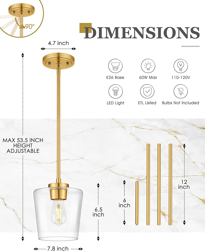 2-Pack Pendant Lights Kitchen Island, 8" Brushed Gold Hanging Lights Fixtures with Clear Glass Shade, Modern Kitchen Pendant Lighting Over Island for Dining Room, AD-22004-1P2L-GD-C