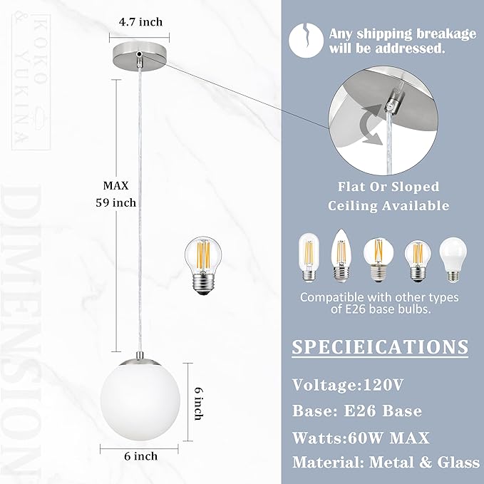 KoKo&Yukina 6 Inch Globe Pendant Light Nickel Globe Pendant Lights Kitchen Island Mid Century Light Fixture with Milky White Glass Shade for Dining Room (2 Pack)