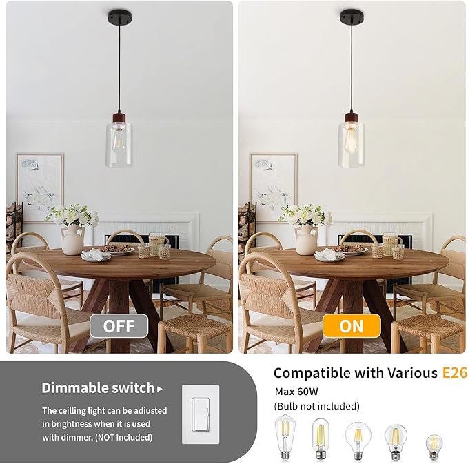 Modern Industrial Pendant Light, 3 Pack Mini Pendant Lighting with Clear Glass Shade, Adjustable Height, Rustic Wood Finish Ceiling Hanging Light Fixture for Kitchen Island Dining Room Bedroom