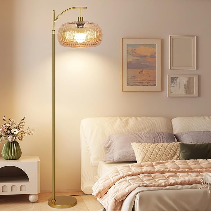 QIYIZM Glass Floor Lamp for Living Room,Bedroom,Gold Dimmable Standing Lamp with Remote,Mid Century Modern Brass Tall Lamp Retro Vintage Lamp Floor Light Boho Bohemian