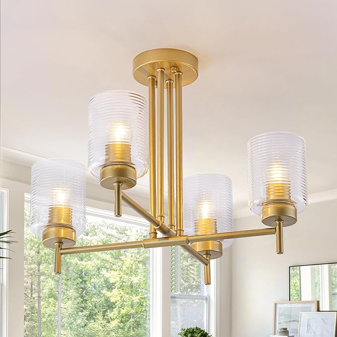 4-Light Modern Sputnik Chandelier Gold Sputnik Semi Flush Mount Ceiling Light with Striped Glass Shade for Living Room Dining Room Kitchen Island Bedroom Hallway Entryway Foyer