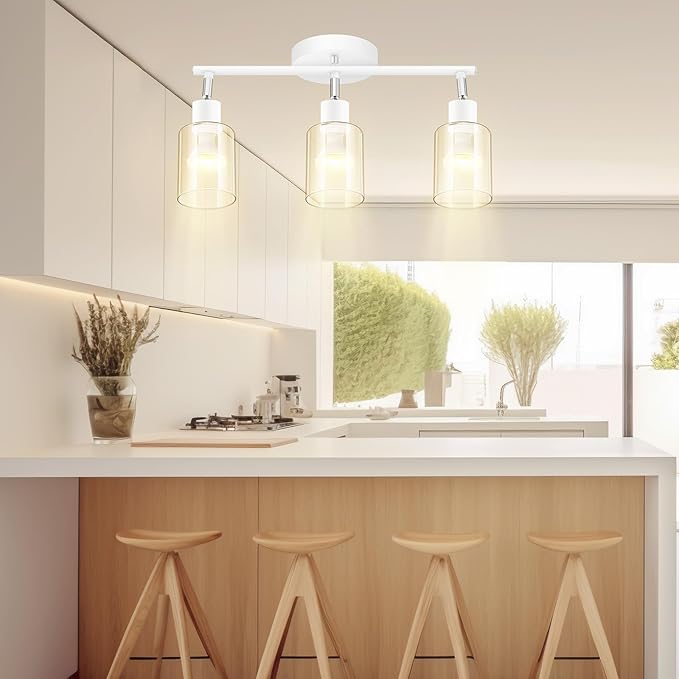 BoostArea 3-Light Bathroom Light Fixtures, White Modern Vanity Wall Lights with Clear Glass Shade,Flexibly Ceiling Light for Mirror Kitchen Living Room Hallway Cabinet Porch