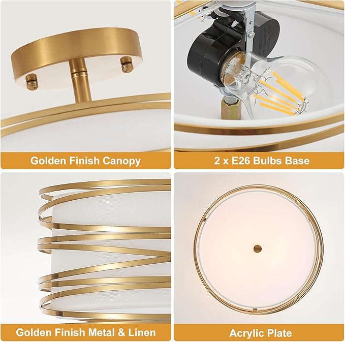 Drum Semi Flush Mount Ceiling Light Fixture, Gold Matal & Linen Fabric Shade Ceiling Light, Modern Farmhouse Close to Ceiling Light for Bedroom, Hallway, Entryway, Dining Room, Laundry Room