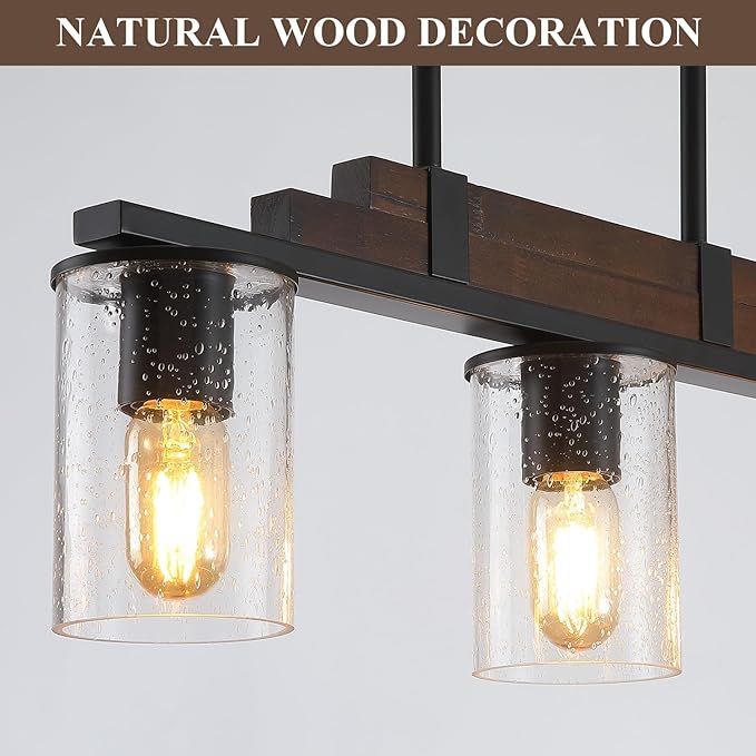 Farmhouse Wood Kitchen Island Lighting, 3-Light Adjustable Chandelier for Dining Room, Seeded Glass Shade Dining Room Light Fixture Over Table, Black Hanging Pendant Lights for Kitchen, Pool Table