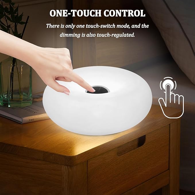 Modern Design Donut Table Lamp, LED Bedside Desk Lamp with Durable Shade, Rotomolded Small 3-Color Dimmable Nightstand Lamps (Not Glass) (White)