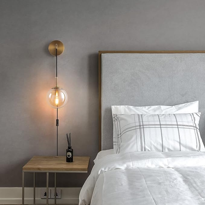 KUZZULL Wall Sconces Set of Two Plug in Wall Sconces with Globe Amber Glass Shade Wall Lamp with Cord Wall Sconce Plug in Brushed Brass Gold Sconces Set of 2 Wall Light Sconce
