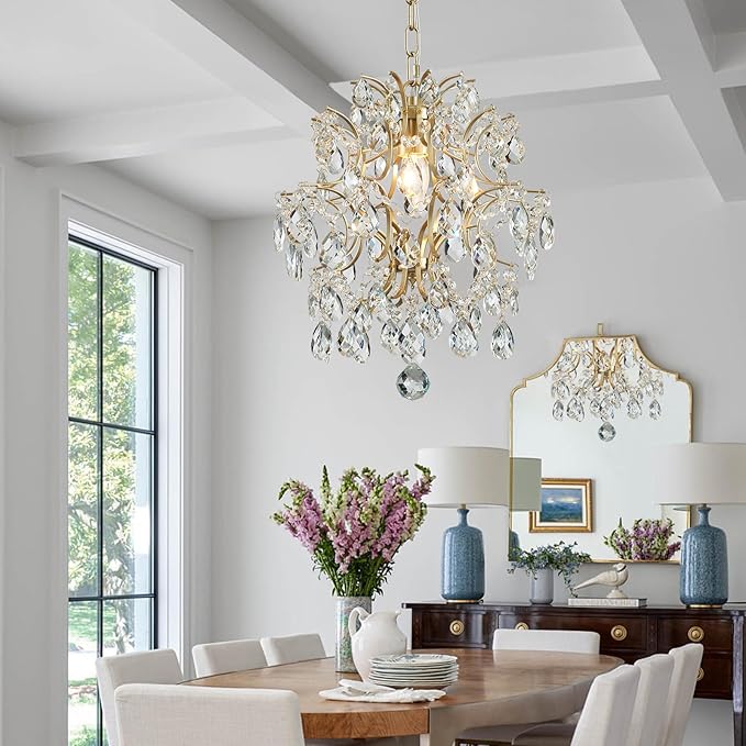 Bestier Gold Modern Pendant Chandelier Crystal Raindrop Lighting Ceiling Light Fixture Lamp for Dining Room Bathroom Bedroom Livingroom entryway 1 E26 Bulbs Required D13 in x H16 in