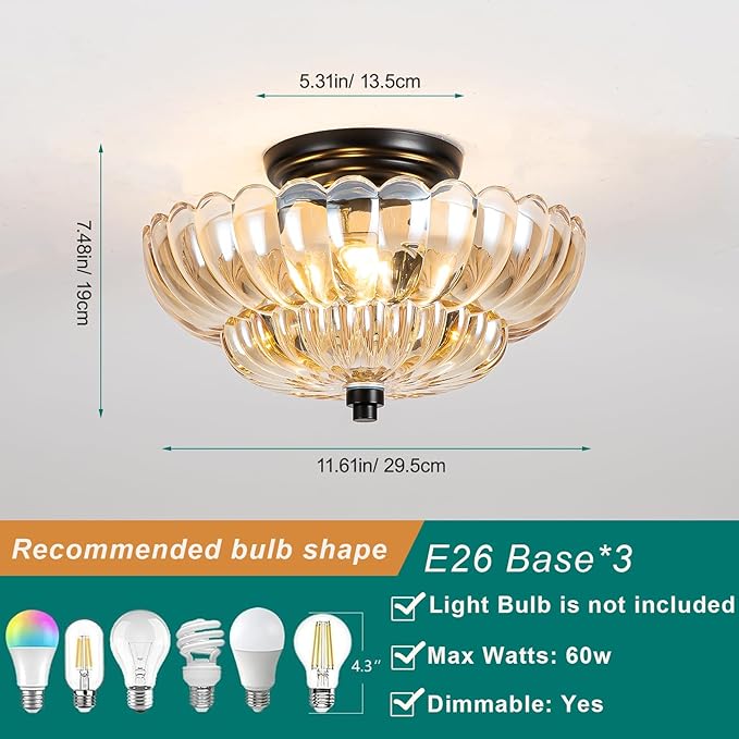 Semi Flush Mount Ceiling Light, Modern Ceiling Light Fixture with Amber Glass, Vintage Indoor E26 Kitchen Lighting for Closet, Porch, Corridor, Hallway, Bedroom