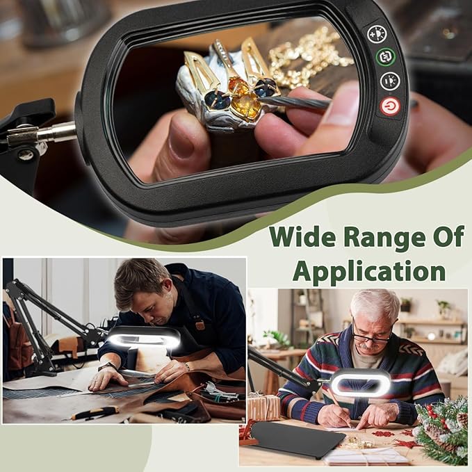 Veemagni 10X Magnifying Glass with Light and Stand, Rectangle Real Glass, 5 Color Modes Dimmable 2-in-1 LED Lighted Desk Lamp & Clamp, Hands Free Magnifier for Reading Craft Repair Painting Close Work