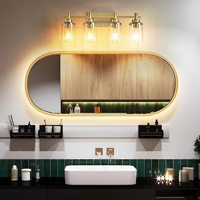 4 Light Brushed Brass Vanity Light Over Mirror, Gold Bathroom Fixtures, Vintage Wall Sconce With Clear Glass Shade, Brushed Gold Lights for Bathroom