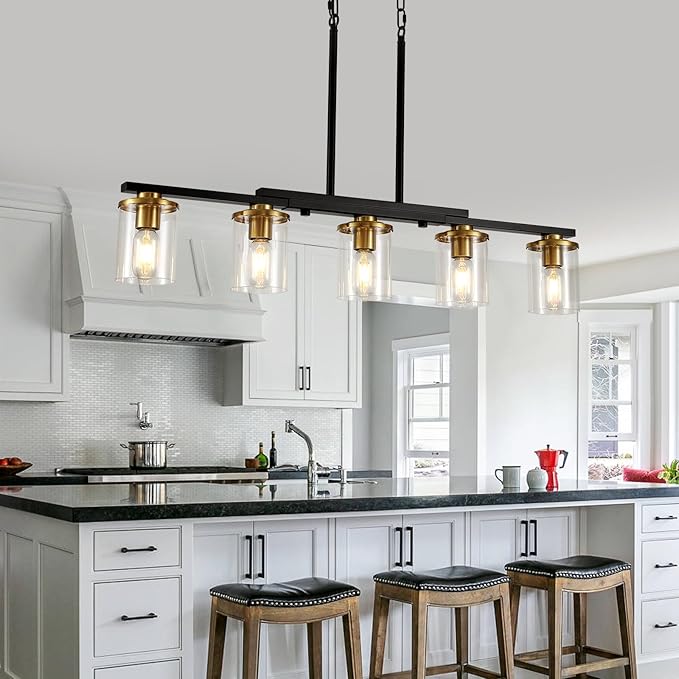 36.2inch 5-Light Kitchen Island Lighting,Dining Room Lights Modern Farmhouse Chandelier with Clear Glass Shade,Modern Rustic Black and Gold Metal Chandelier, Kitchen Pendant Light Fixtures