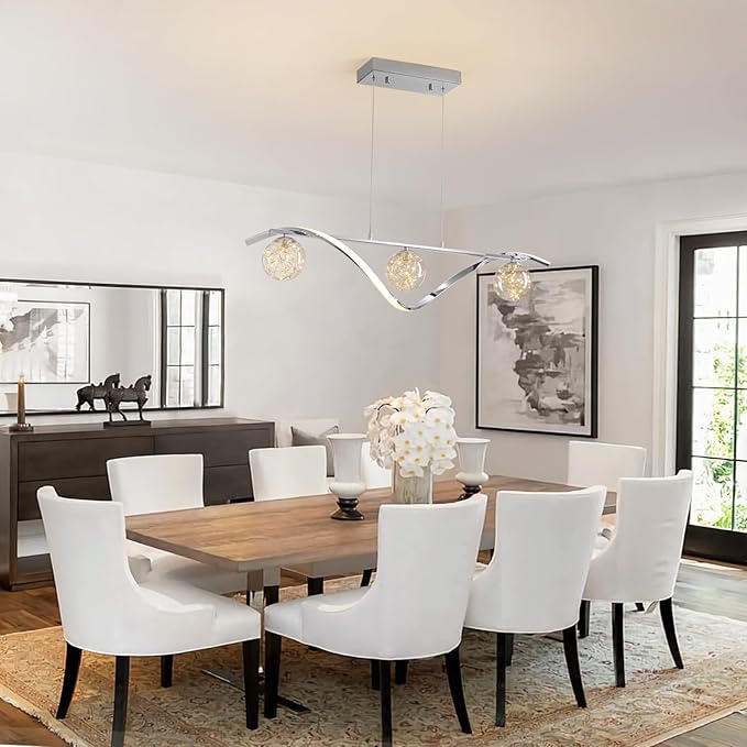 40" Dimmable Kitchen Island Lighting, Dining Room Pendant Light Fixtures Over Table, 4-Light LED Island Lights with Glass Globe Shades,Linear Chandeliers for Living Room-Chrome