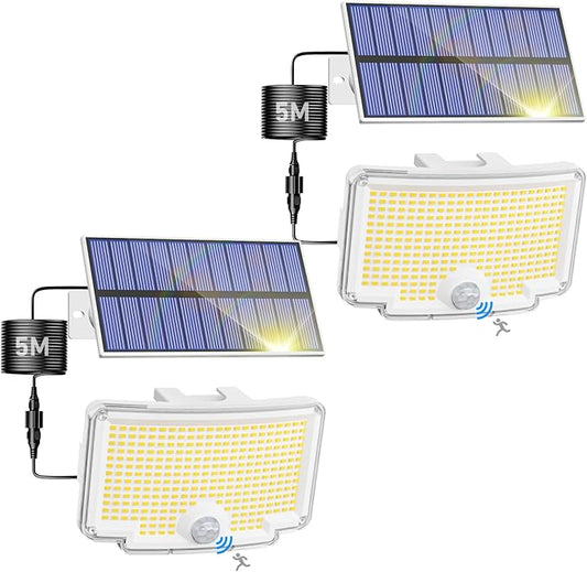 Peasur 2 Pack Solar Motion Lights Outdoor, 318 LED Solar Security Light with 3 Modes, IP65 Waterproof Powered Flood Lights for Outside Patio Garage Yard, (Cool Light,White Frame)
