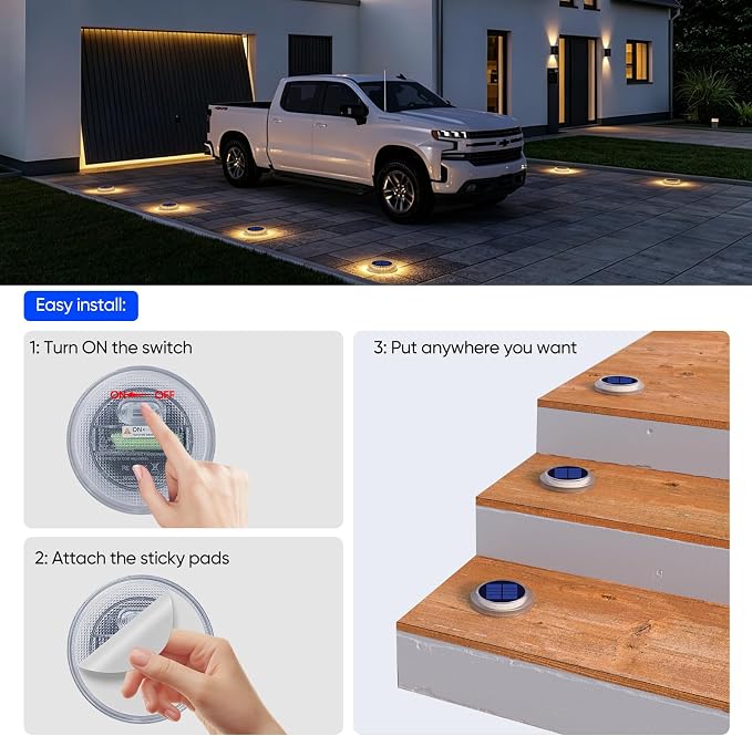 Honalia Solar Deck Lights Outdoor, 6 Pack Warm White Solar Powered Driveway Lights, Waterproof Stick on Solar Dock Lights for Stair, Patio, Pathway, Yard, Walkway, Sidewalk, Step