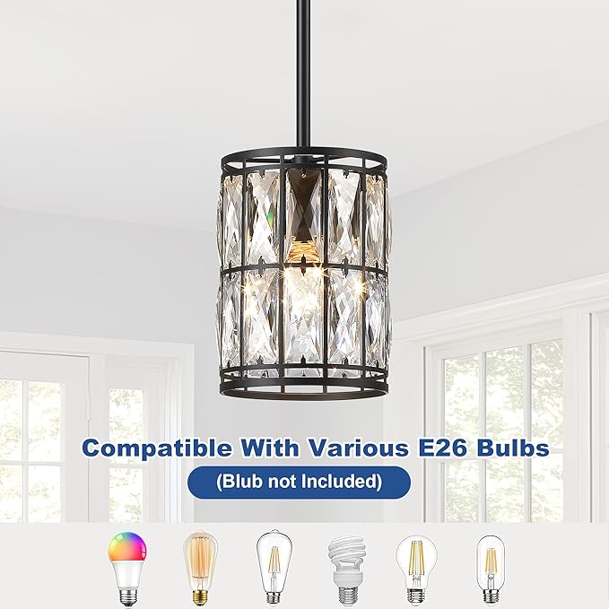 Modern Crystal Pendant Light Fixture 3-Pack Matte Black Finish Hanging Lighting Crystal Chandelier for Living Room, Kitchen, Hallway