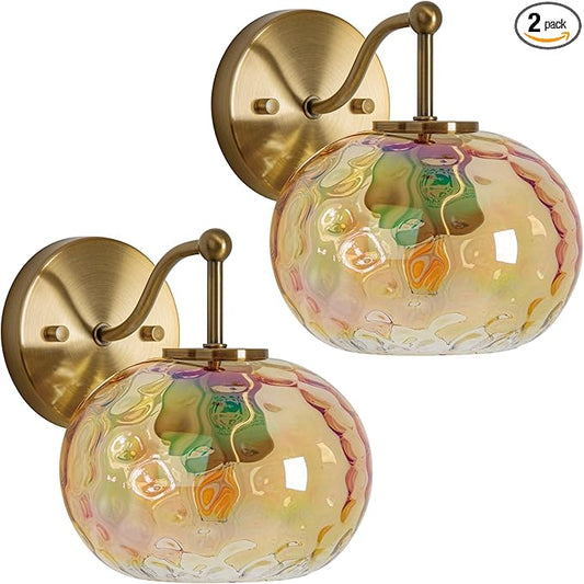 Modern Iridescent Glass Wall Sconce Gold Brass Wall Light Set of 2 Hammered Amber Glass Vanity Light for Bedroom Hallway Living Room Stairwell Bathroom Over Mirror
