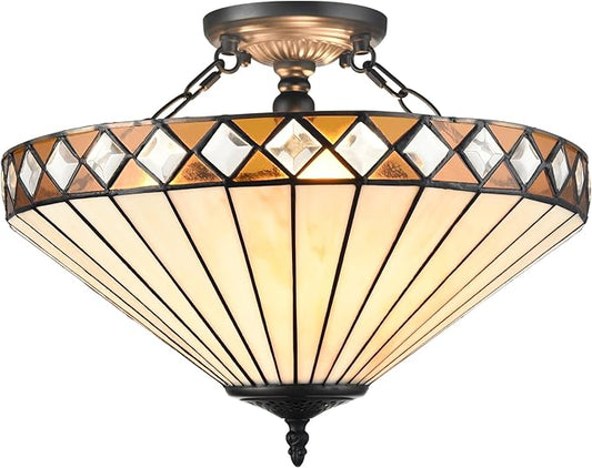 16.6-Inch Tiffany Style Semi Flush Mount Ceiling Light Vintage 3-Light Tiffany Ceiling Light Fixture Stained Glass Flush Mount Ceiling Light for Living Room Bedroom Hallway Staircase Foyer